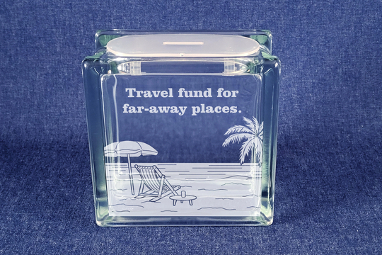 Holiday/Honeymoon Engraved Glass Block Money Box Savings Box, With Personalised Engraved Message