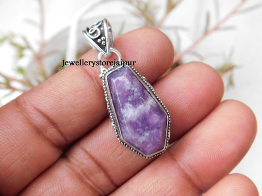 Lepidolite Coffin Shape Pendant, Fine Sterling Silver Pendant Statement Jewelry Gift Pendant Christmas Gift For Her