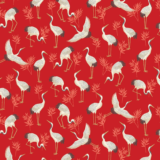 Cranes Red. Michiko Fabric Range From Makower. Red Crane Fabric. Crane. Japanese Red Crane. Makower Code 2331 R