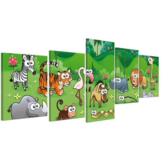 Children's Picture Jungle Animals Cartoon 5 Piece Graphic Art on Canvas Set