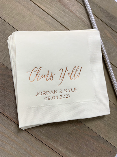 Personalized Napkins Wedding Custom Monogram Cheers Y'all Rehearsal Dinner Beverage Cocktail Luncheon Guest Towels Available