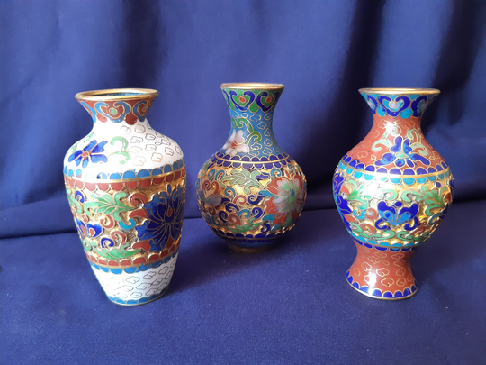 Cloisonne Vases, Miniature Trio Of Oriental Display, Cabinet Piece, Miniature, Vintage Gift, Decor