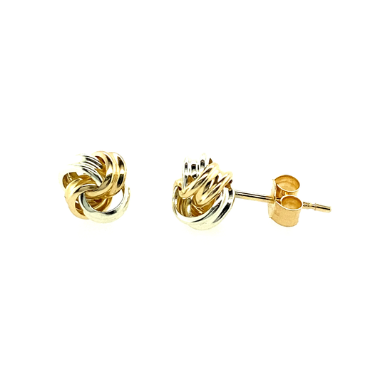 9Ct Gold Earrings - Knot Stud Yellow & White 375 Hallmarked
