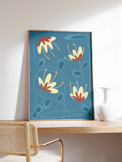 Graphical Floral Illustration Print, Pastel Pattern Art Minimalist Flower Poster, Drawing Art, Home Decor