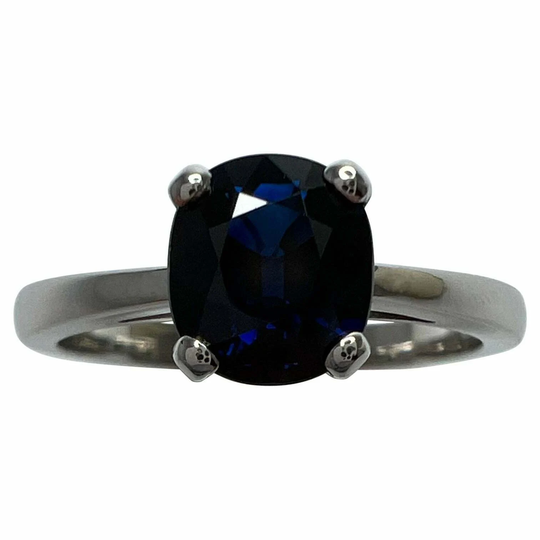 Fine Deep Blue 1.63 Carat Sapphire Cushion Cut 18K White Gold Solitaire Ring