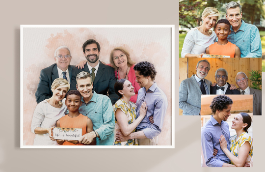 Anniversary Gift For Parents Grandparents, Family Portrait From Multiple Photos, Add A Deceased Loved One, Combined Photo Painting
