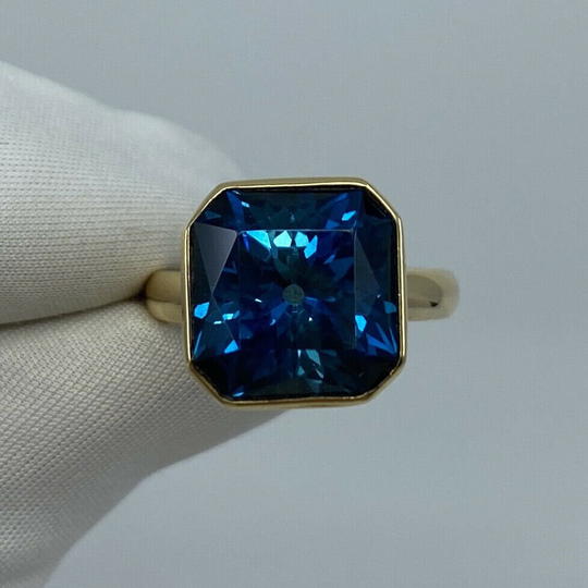Large 11.93Ct London Blue Topaz Fancy Square Cut 18K Yellow Gold Handmade Ring