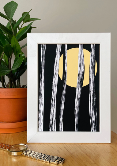 Yellow Full Moon With Black & White Trees | Colorful Illustrated Graphic Art Print