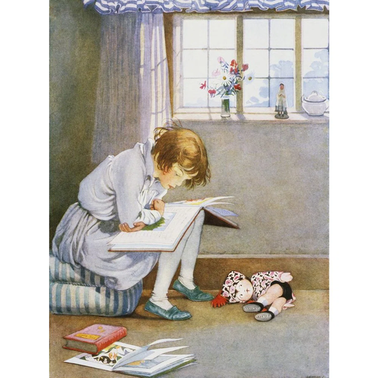 'Book Illustration of a Girl Reading' Graphic Art