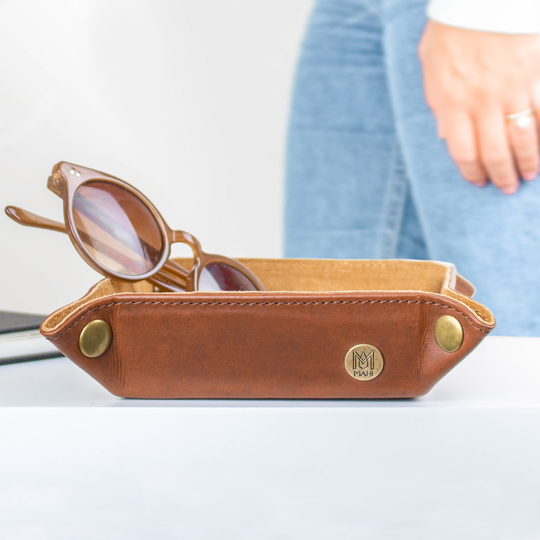 Personalized Brown Full Grain Leather Valet Tray | Dresser Caddy, Catchall, Coin Dish Desk Organizer Gift For Him Handmade By Mahi