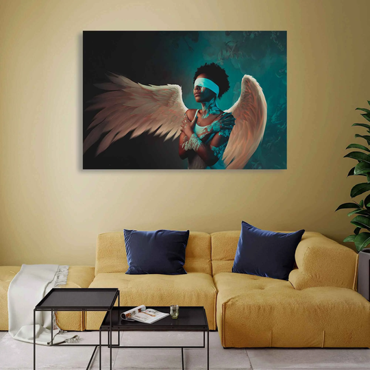 Blindfold Angel Canvas Prints, Woman Art Giclée Hanging Fantasy Wall Decor, Modern Wings Above The Couch Artwork