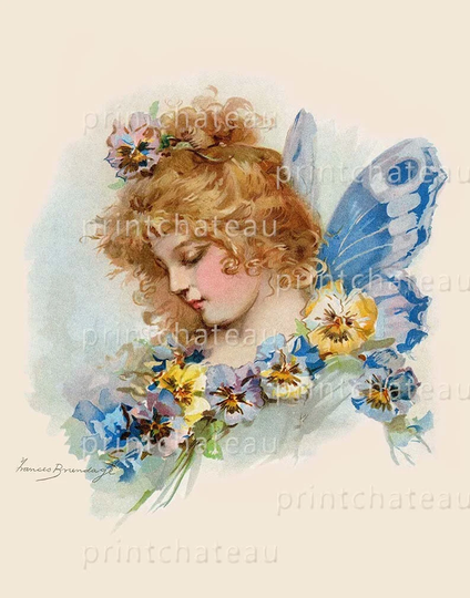 Fairy Little Girl New Giclee Art Print By Frances Brundage Blue Wings Pansy Flowers Fantasy Child From Printchateau