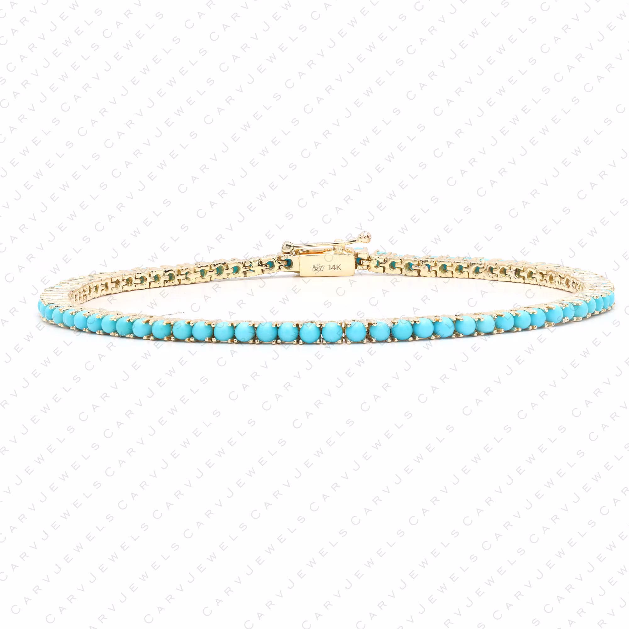 Real 2mm Turquoise Cabochon Tennis Bracelet, Solid 14K Gold, Delicate Bridal Thin Bracelet For Women