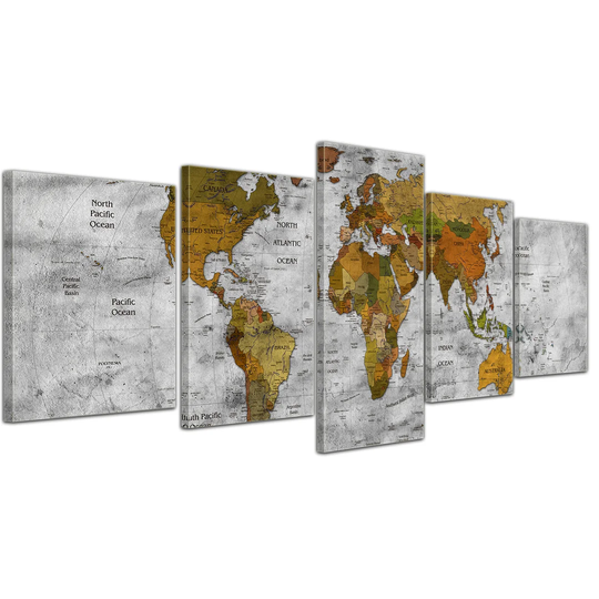 Retro World Map II 5-Piece Graphic Art on Canvas Set in Black and White