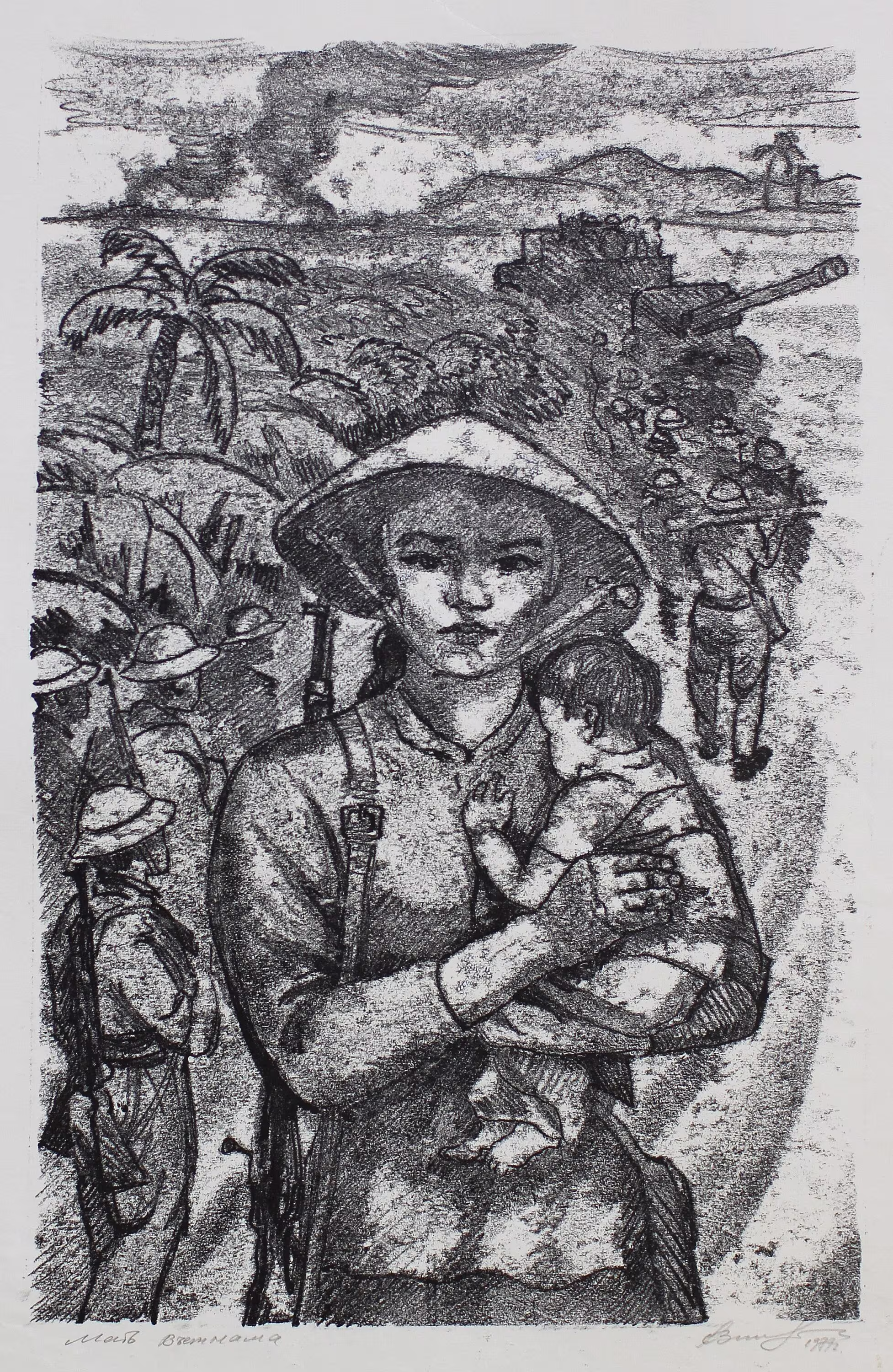 Vintage Art Monotype 1979, Vietnam War, Mother With Child, Woman, Soldiers, Ukraine Professional