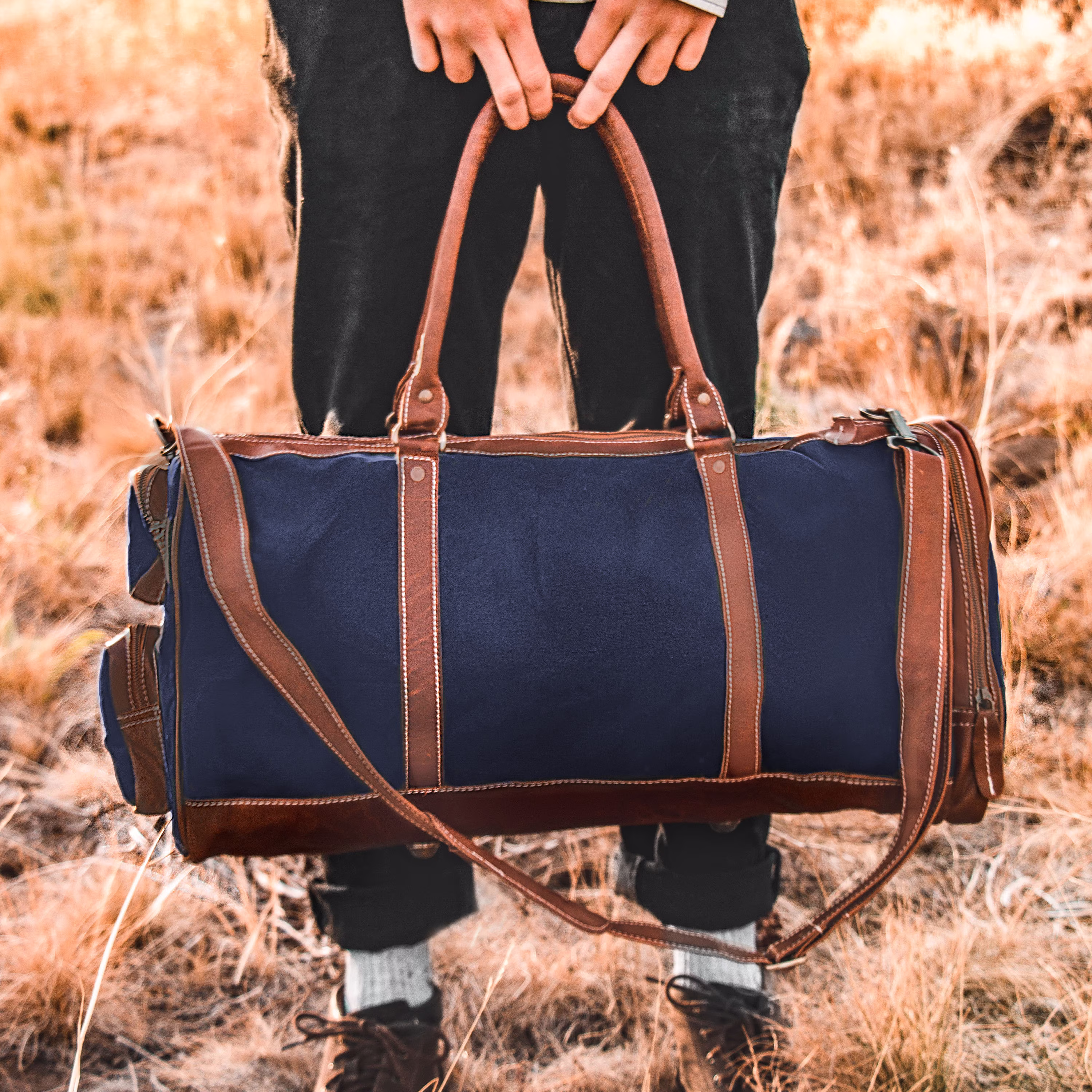 Personalized Canvas Leather Holdall/Duffle - Weekend Bag/Overnight Bag Gym Navy Blue Waxed & Brown Full Grain By Mahi