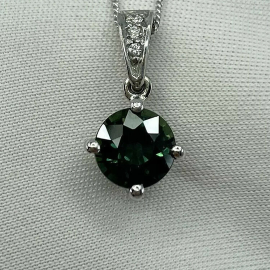 1.56Ct Teal Blue Green Sapphire & Diamond Round Cut Platinum Pendant Necklace