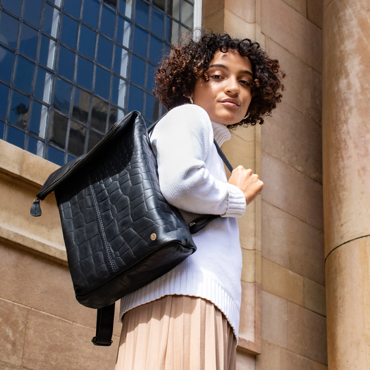 Personalized Black Leather Crocodile Print Zipped Unisex Backpack Work Bag Casual Womens Rucksack Handmade With 15