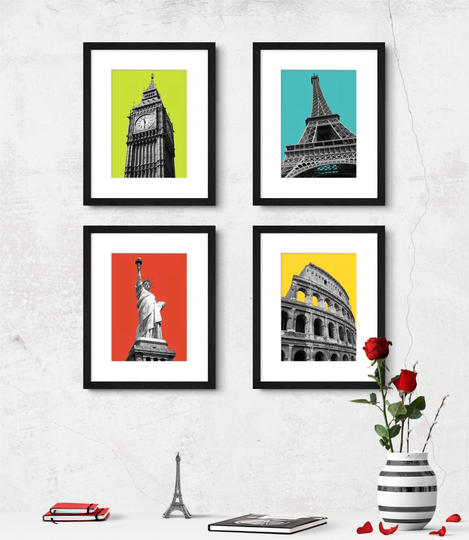 London, Paris, New York, Rome | Set Of 4 Minimalist Modern Graphic Art Travel Posters Contemporary Architecture Giclée Prints
