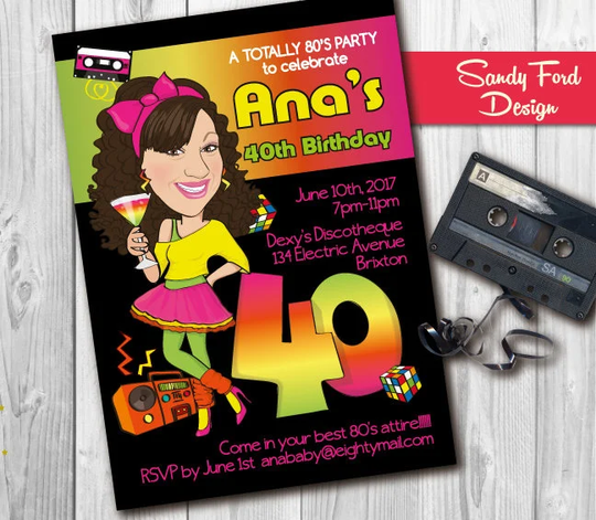 Women's 80's Theme Birthday Party Invitation 21st 30Th 40Th 50Th. Personalized Caricature. Illustrated From Your Photo Digital File