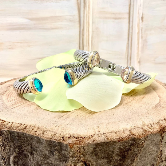 Classic 10mm Cable With Cz Turquoise Bracelet Simple Stackable Must Have Item. Everyday Two Tone Gold Plated(Not For Small Wrist