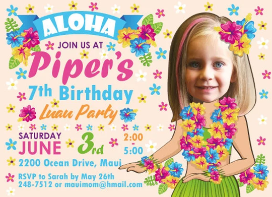 Hawaiian Luau Party Birthday Invitation - Personalized With Your Photo Printable