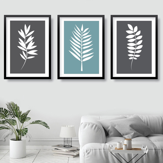 Set Of 3 Grey Duck Egg Blue & White Art Prints Tropical Leaves Botanical Leaf Wall Scandinavian Pictures Posters Minimalist Artwork