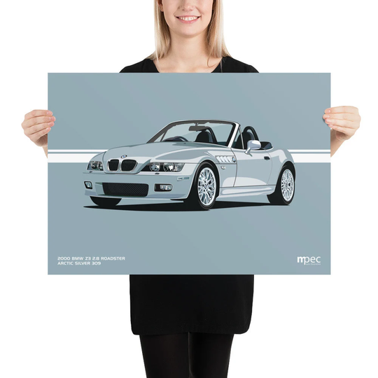 Illustration Bmw Z3 2.8 Roadster in Arctic Silver Landscape Poster 50cm X 70cm