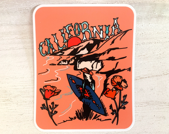 50 States Of Cowgirl California Matte 3x4 Inch Sticker, State Surfing & Poppy Themed Waterproof Sticker