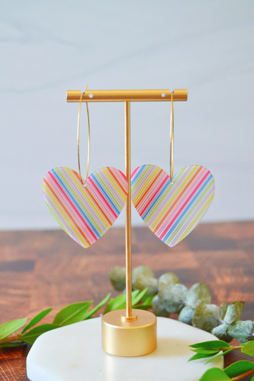 Acrylic Acetate Rainbow Stripe Pride Heart Charm Hoop Dangle Earrings