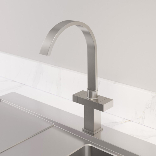 Modern Mono Kitchen Mixer Tap Square Swivel Spout Twin Controls Brushed Finish