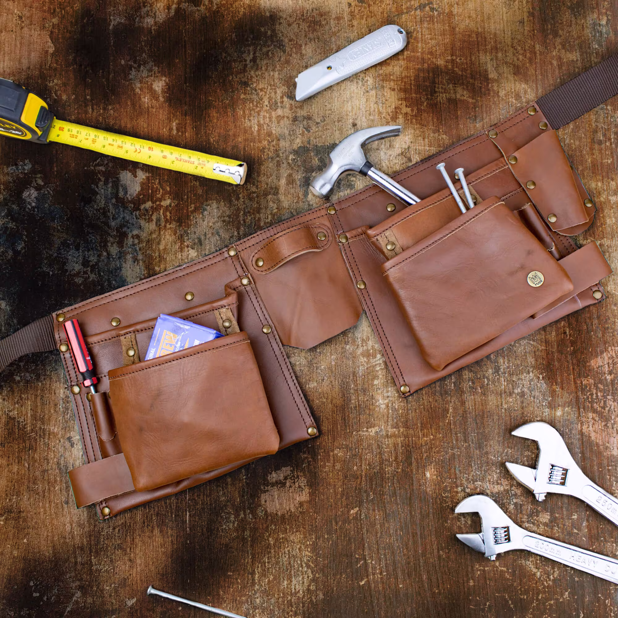 Personalized Brown Leather Tool Belt, Wrench Holder, Craft Mechanic Belt | Gift For Crafters, Mechanics, Hobbyists