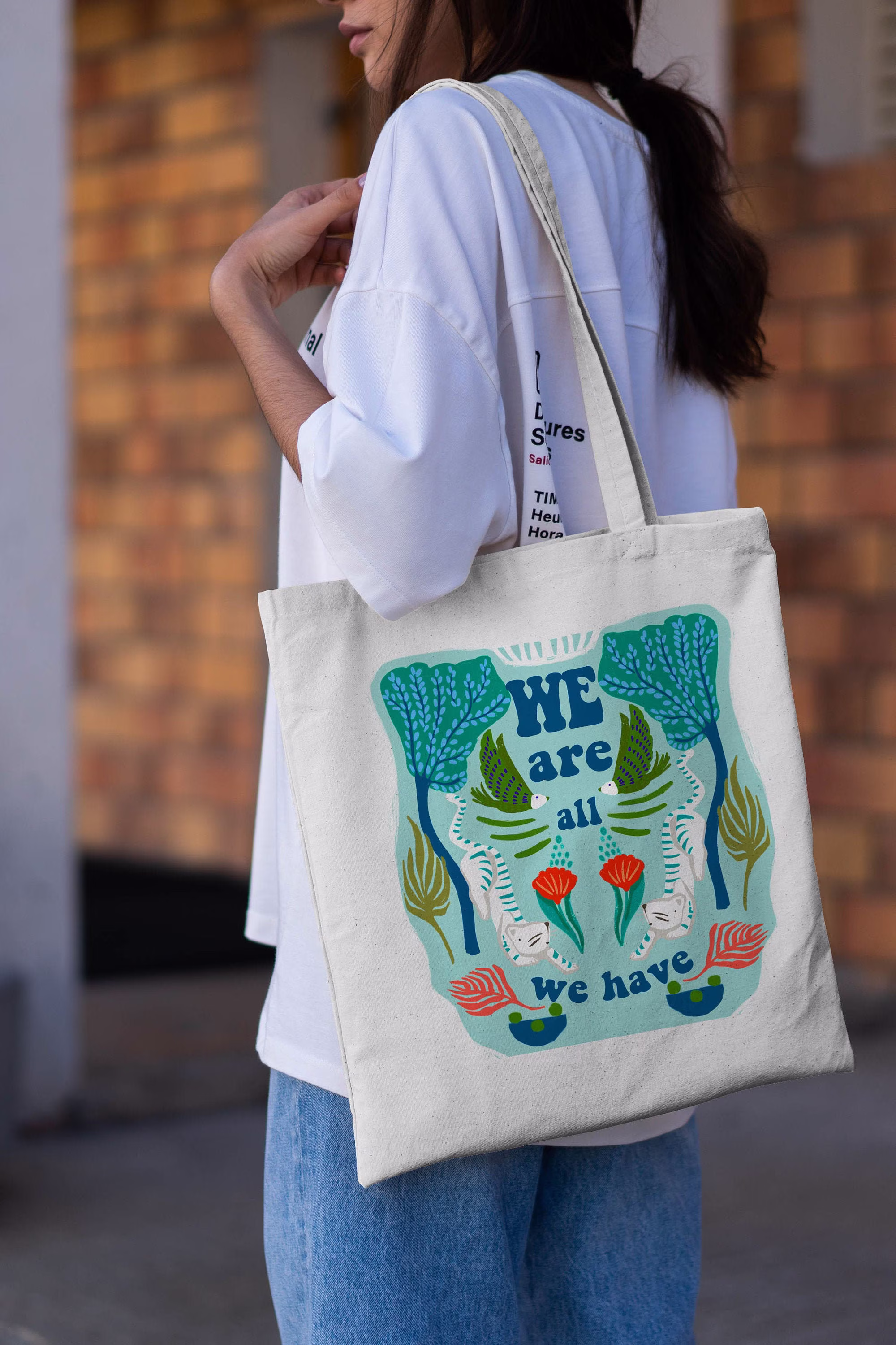 Jungle Canvas Tote Bag, Graphic Design Bag For Grocery, Forest Illustration, Slogan Graphic, Save Our Planet, Stop Use Plastic
