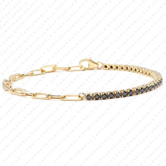 Real 50/50 2mm Black Diamond Tennis & Paperclip Chain Bracelet, Solid 14K Gold, Thin Black Diamond Bracelet For Women