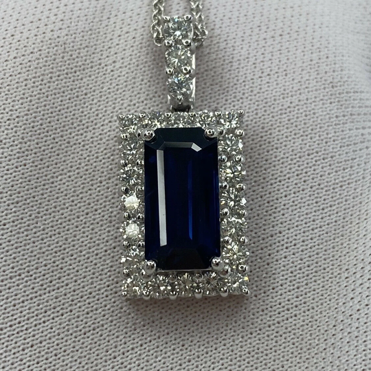 Fine 4.65Ct Royal Blue Emerald Cut Sapphire & Diamond Rectangle Platinum Pendant