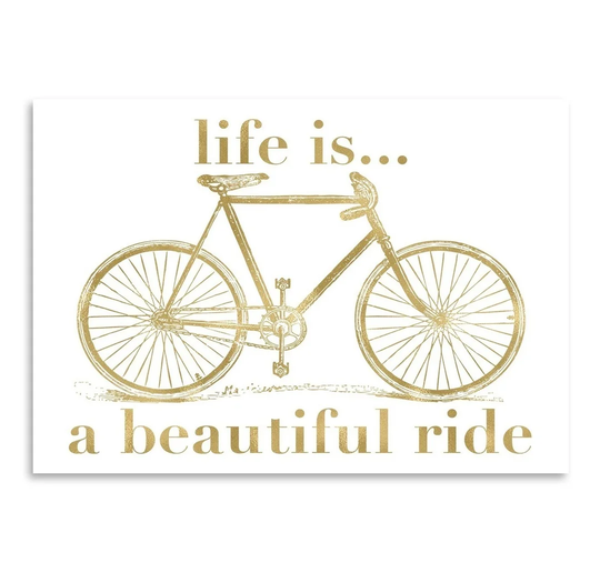 'Bicycle Life is Beautiful Ride Gold on White' by Amy Brinkman Graphic Art