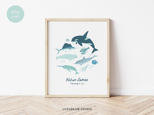 Personalized Ocean Theme Nursery Art Print, Customizable Baby Room Decor, Nautical Kids Wall