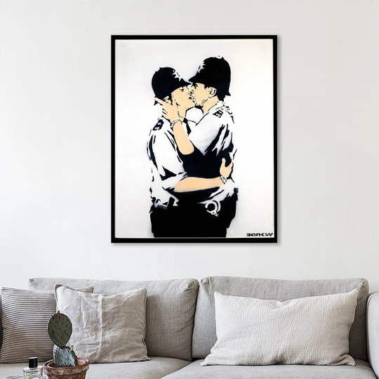 Kissing Cops II by Banksy - Floater Frame Graphic Art Print on Canvas