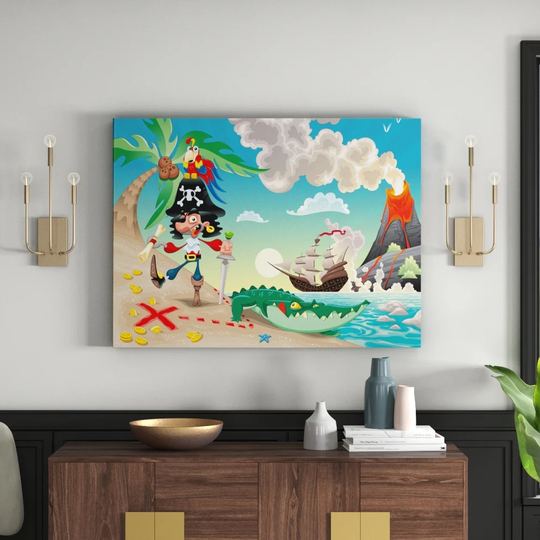 Pirate on Island Cartoon Framed Children's Graphic Art on Canvas
