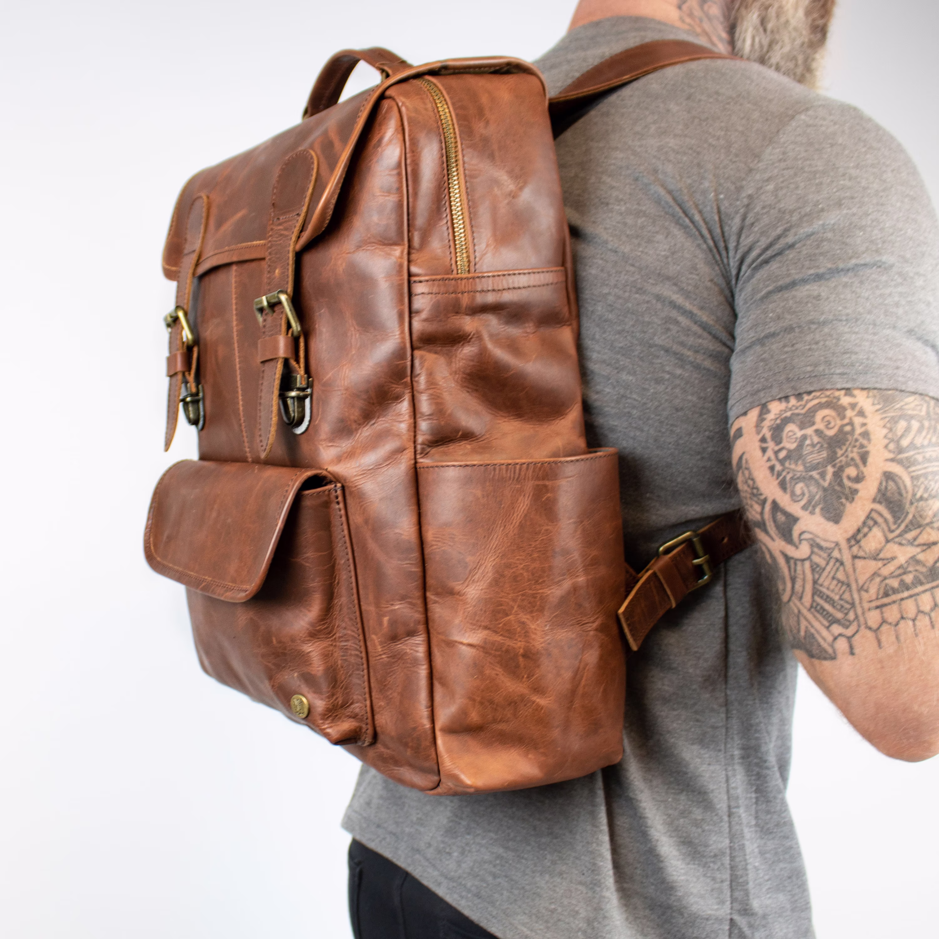 15 Inch Laptop Backpack - Brown Leather Utility Rucksack With Water Bottle Pockets, Compartment, Multi Pockets Personalised