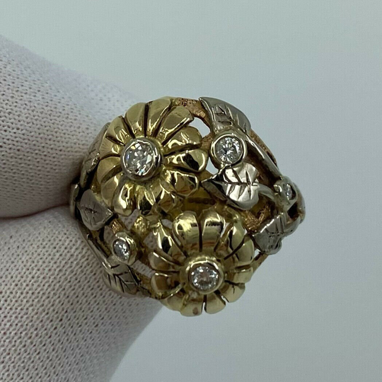 Handmade Summertime Flower Mixed 18K Gold & Diamond Autumnal Art Nouveau Ring