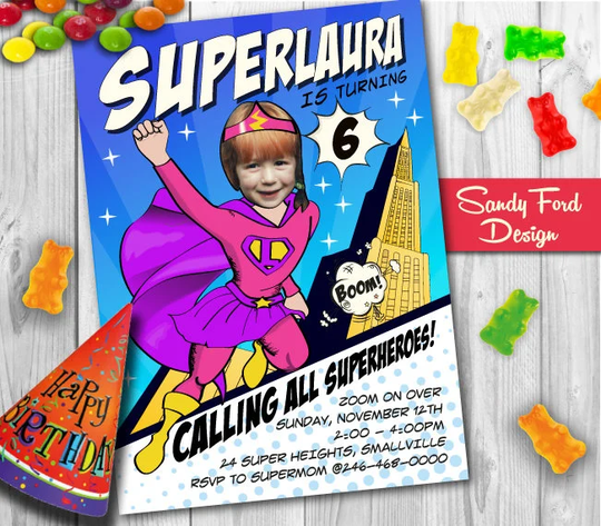 Girl's Superhero Invitation, Birthday Personalized Invitation - With Your Photo Digital File
