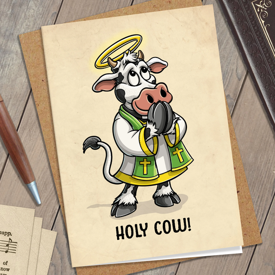 Holy Cow Illustrated Greeting Card, Funny Vertical Humor Stationary, Cow, Religion, Priest
