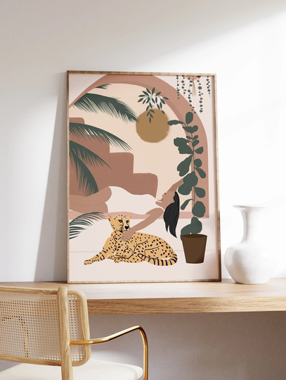 Boho Leopard Art Print, Cat Poster, Animal Graphical Wall Art, Home Decor, Pastel Coloured A1/A2/A3/A4