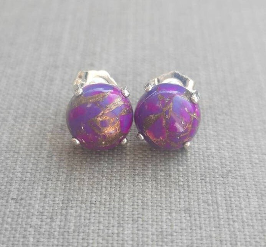 Purple Mojave Kingman Turquoise Solitaire Stud Earring in 925 Silver, Genuine Round 8mm Copper Gemstone Prong Stud, Boho
