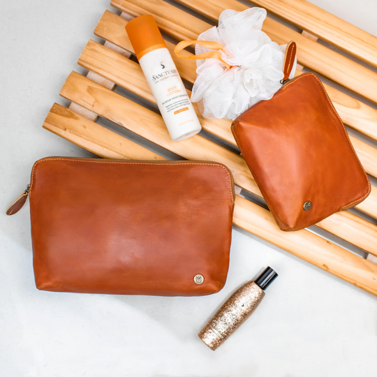 Personalized Cosmetic Bag Gift Set | Large Makeup & Matching Small For Her Monogram Zipped Leather Pouches By Mahi