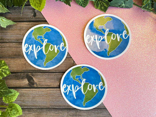 Explore Watercolor Globe Sticker || Water Resistant Die Cut For Bottles, Laptops, Planners, & More