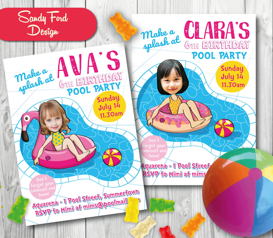 Girl's Pool Party Invitation - Personalized With Your Photo Digital File