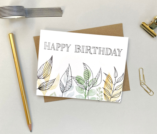 Peaceful Leaves Birthday Card | Ink & Watercolour Hand-Lettered Botanical Green Yellow