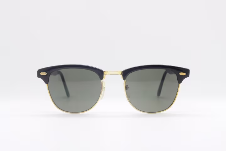 80's Vintage Clubmaster Style Sunglasses. Half Frame Browline 50's Classic in Black With Green Lenses. Nos. Bnwt